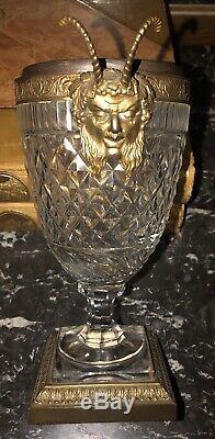 Antique Austrian Diamond Cut Crystal Neoclassical Urn/ Vase With Bacchus/ Satyr