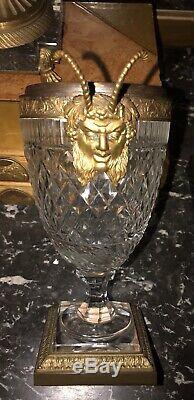 Antique Austrian Diamond Cut Crystal Neoclassical Urn/ Vase With Bacchus/ Satyr