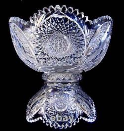 Antique BRILLIANT Cut Glass Crystal Punch Bowl Pedestal Hobstars Miters ABP 14
