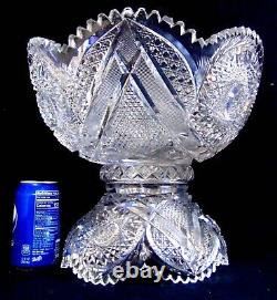 Antique BRILLIANT Cut Glass Crystal Punch Bowl Pedestal Hobstars Miters ABP 14