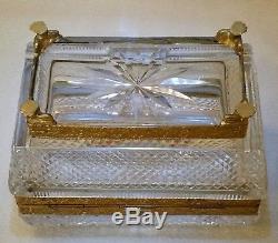 Antique Baccarat Cut Crystal Footed Empire Form Jewel Casket Box with Lock & Key