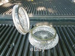 Antique Big Queen Lace Cut Crystal Box W Cut Crystal Leaf Top & Silverplate Ring
