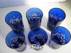 Antique Blue Cobalt Hand Cut Crystal/glass Water Pitcher And Glasses