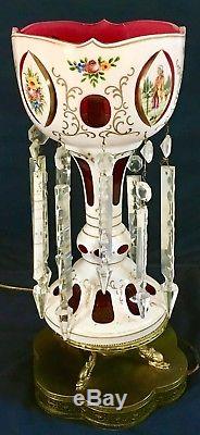 Antique Bohemian 18 Mantle Luster Lamp. White Cut to Cranberry, Crystal Prisms