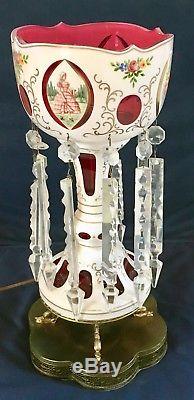 Antique Bohemian 18 Mantle Luster Lamp. White Cut to Cranberry, Crystal Prisms