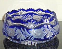 Antique Bohemian Cobalt Blue Cut To Clear Crystal Large Bowl