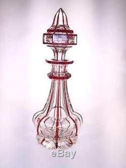 Antique Bohemian Cranberry Cut to Clear Crystal Perfume Bottle with Stopper