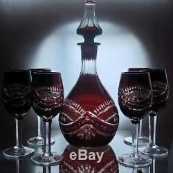 Antique Bohemian Crystal Cut Ruby to Clear Wine decanter/Carafe set Josefodol