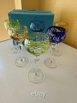 Antique Bohemian Cut To Clear Crystal Multicolor Stem Wine Goblet Glasses withBox