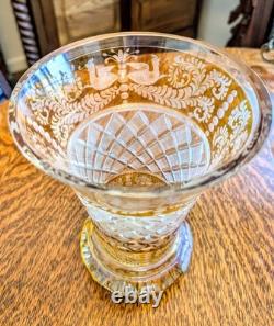 Antique Bohemian Glass Moser Crystal Amber Etched Cut-to-Clear Deco Vase Czech