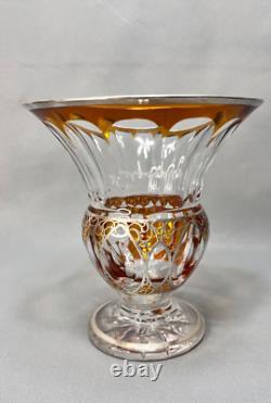 Antique Bohemian Moser Art Glass Amber Cut Crystal Silver Overlay Vase Art Deco