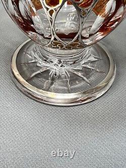 Antique Bohemian Moser Art Glass Amber Cut Crystal Silver Overlay Vase Art Deco