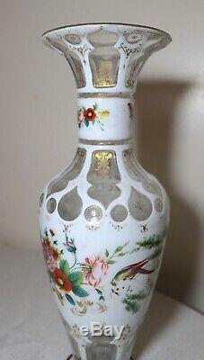 Antique Bohemian Moser cut to clear crystal enameled painted glass white vase