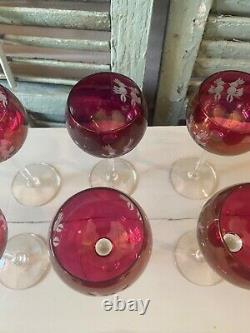 Antique Bohemian Wine Glass Set Ruby Red Cut To Clear Birds Crystal 7