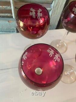 Antique Bohemian Wine Glass Set Ruby Red Cut To Clear Birds Crystal 7