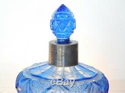 Antique Bottle Early Victorian Blue Crystal Cut Glass Silver Collar Perfume 1847
