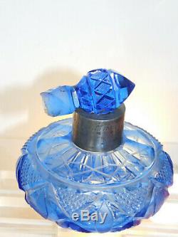 Antique Bottle Early Victorian Blue Crystal Cut Glass Silver Collar Perfume 1847