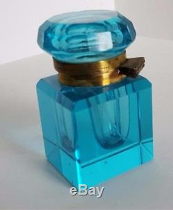 Antique Brilliant Peacock Blue Hand-Blown Cut Crystal Inkwell Aqua Glass