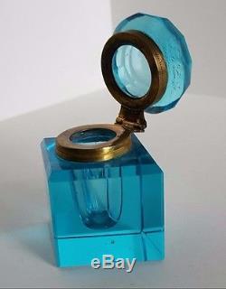 Antique Brilliant Peacock Blue Hand-Blown Cut Crystal Inkwell Aqua Glass