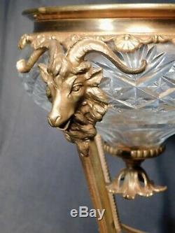 Antique Bronze Cut Crystal Glass Regency Empire Gueridon Rams Head Vase Compote