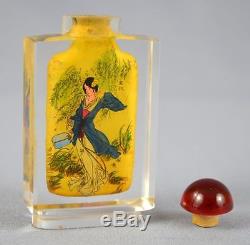 Antique Chinese Craft Art Inside Painted Geisha Crystal Cut Glass Snuff Bottle