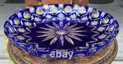 Antique Cobalt Blue Crystal Plate Platter Cut to Clear Bohemian Large Beautiful
