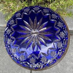 Antique Cobalt Blue Crystal Plate Platter Cut to Clear Bohemian Large Beautiful