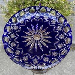 Antique Cobalt Blue Crystal Plate Platter Cut to Clear Bohemian Large Beautiful