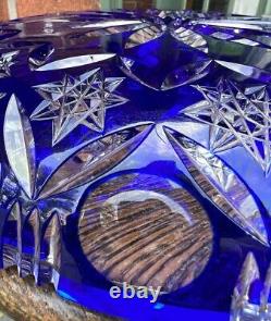Antique Cobalt Blue Crystal Plate Platter Cut to Clear Bohemian Large Beautiful