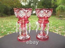 Antique Cranberry Cut Crystal Glass Mantle Lustres Germany Original Birks Label