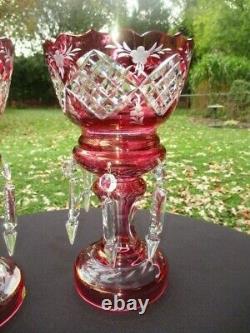 Antique Cranberry Cut Crystal Glass Mantle Lustres Germany Original Birks Label