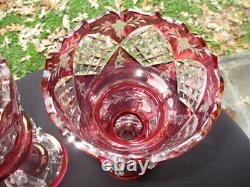 Antique Cranberry Cut Crystal Glass Mantle Lustres Germany Original Birks Label