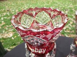 Antique Cranberry Cut Crystal Glass Mantle Lustres Germany Original Birks Label