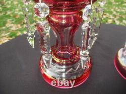 Antique Cranberry Cut Crystal Glass Mantle Lustres Germany Original Birks Label