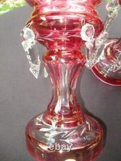 Antique Cranberry Cut Crystal Glass Mantle Lustres Germany Original Birks Label
