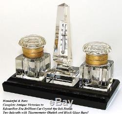 Antique Cut Crystal Double Inkwell & Thermometer Obelisk Set, Black Glass Base