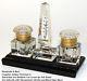 Antique Cut Crystal Double Inkwell & Thermometer Obelisk Set, Black Glass Base