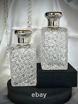 Antique Cut Crystal Glass & Hallmark Silver Lid Vanity Perfume-Cologne Bottles