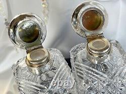 Antique Cut Crystal Glass & Hallmark Silver Lid Vanity Perfume-Cologne Bottles