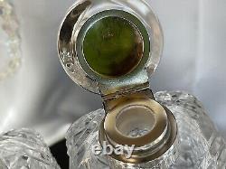 Antique Cut Crystal Glass & Hallmark Silver Lid Vanity Perfume-Cologne Bottles