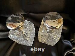 Antique Cut Crystal Glass & Hallmark Silver Lid Vanity Perfume-Cologne Bottles