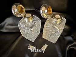 Antique Cut Crystal Glass & Hallmark Silver Lid Vanity Perfume-Cologne Bottles