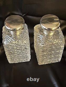 Antique Cut Crystal Glass & Hallmark Silver Lid Vanity Perfume-Cologne Bottles