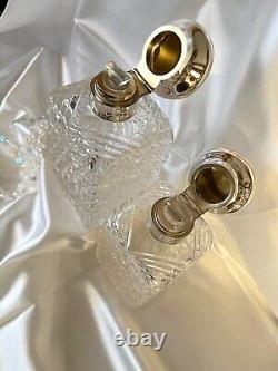 Antique Cut Crystal Glass & Hallmark Silver Lid Vanity Perfume-Cologne Bottles