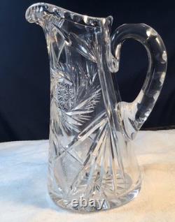 Antique Cut Crystal Glass Pitcher With Intricate Pattern & Handle Beautiful Heavy