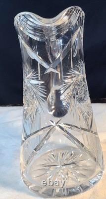 Antique Cut Crystal Glass Pitcher With Intricate Pattern & Handle Beautiful Heavy