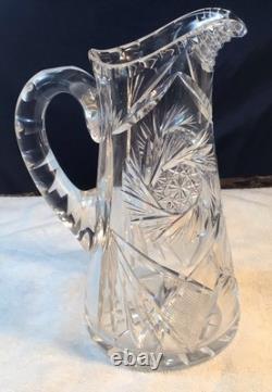 Antique Cut Crystal Glass Pitcher With Intricate Pattern & Handle Beautiful Heavy