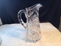 Antique Cut Crystal Glass Pitcher With Intricate Pattern & Handle Beautiful Heavy