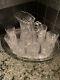 Antique Cut Crystal Pitcher, 7 matching glasses and silver plate serving tray
