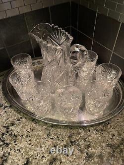 Antique Cut Crystal Pitcher, 7 matching glasses and silver plate serving tray
